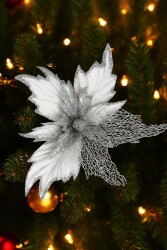 Beysüs Yılbaşı Çam Ağacı Süsü Ponsetya Çiçek Büyük Gümüş - 1