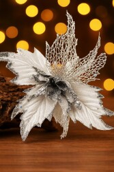 Beysüs Yılbaşı Çam Ağacı Süsü Ponsetya Çiçek Büyük Gümüş - 2