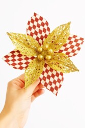 Beysüs Yılbaşı Çam Ağacı Süsü Ponsetya Çiçek Büyük Kırmızı Beyaz Desenli - 2