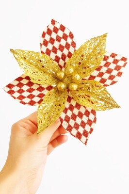 Beysüs Yılbaşı Çam Ağacı Süsü Ponsetya Çiçek Büyük Kırmızı Beyaz Desenli - 2