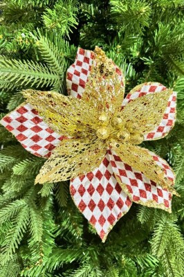 Beysüs Yılbaşı Çam Ağacı Süsü Ponsetya Çiçek Büyük Kırmızı Beyaz Desenli - 3