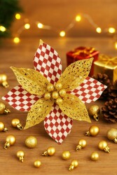 Beysüs Yılbaşı Çam Ağacı Süsü Ponsetya Çiçek Büyük Kırmızı Beyaz Desenli - Beysüs