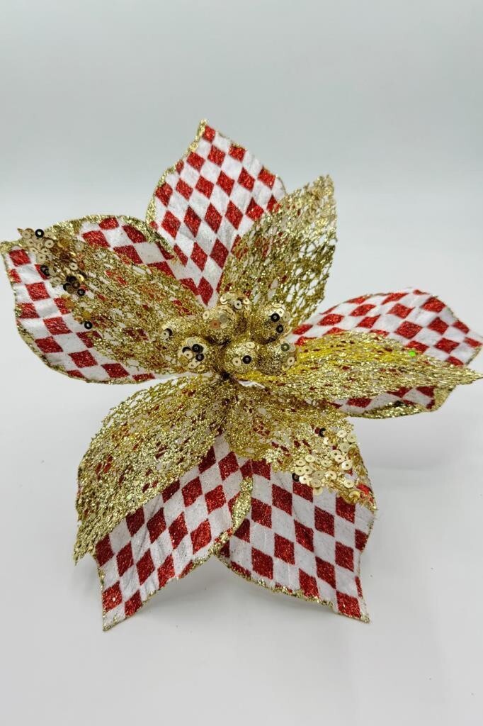 Beysüs Yılbaşı Çam Ağacı Süsü Ponsetya Çiçek Büyük Kırmızı Beyaz Desenli - 4