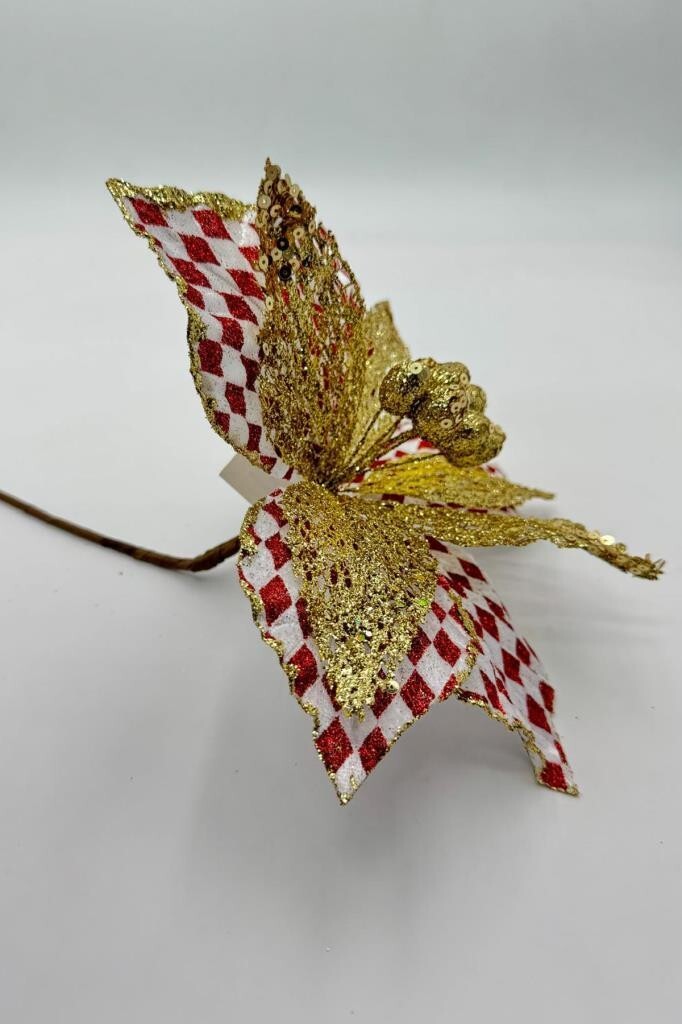 Beysüs Yılbaşı Çam Ağacı Süsü Ponsetya Çiçek Büyük Kırmızı Beyaz Desenli - 5