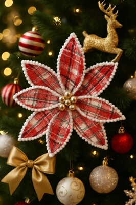 Beysüs Yılbaşı Çam Ağacı Süsü Ponsetya Çiçek Büyük Kırmızı Beyaz Kenarlı - 1