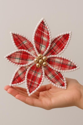 Beysüs Yılbaşı Çam Ağacı Süsü Ponsetya Çiçek Büyük Kırmızı Beyaz Kenarlı - 2