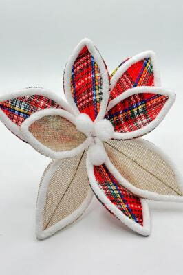 Beysüs Yılbaşı Çam Ağacı Süsü Ponsetya Çiçek Büyük Kırmızı Jüt Desenli - 2