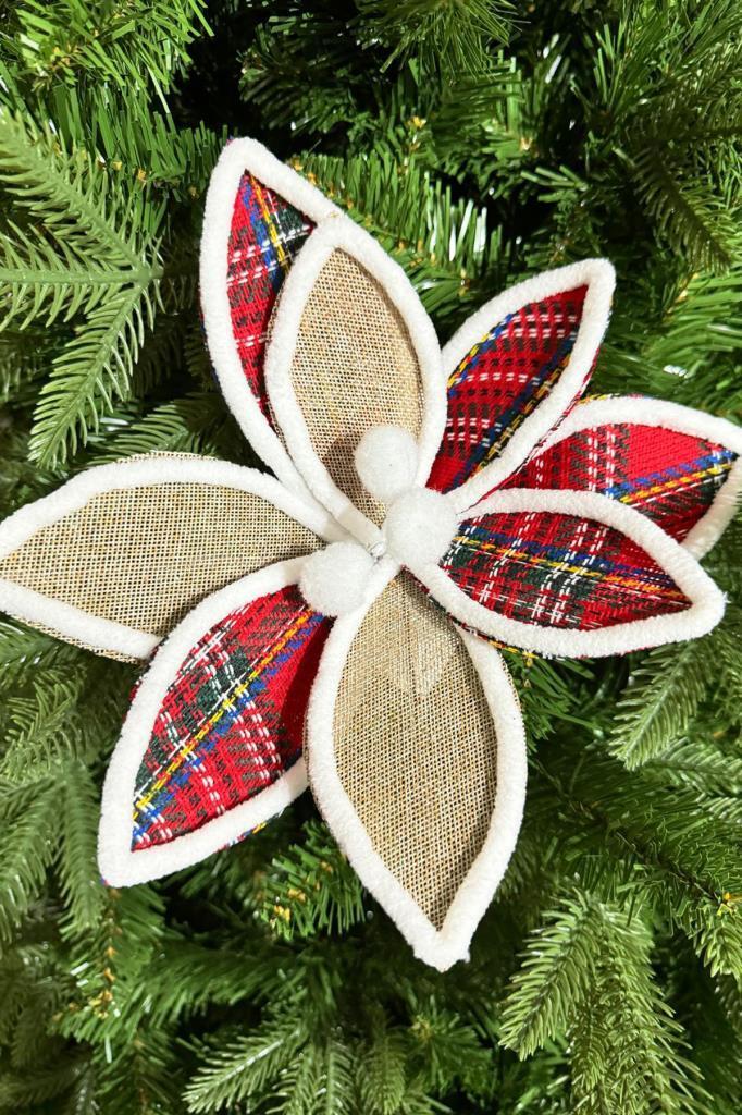 Beysüs Yılbaşı Çam Ağacı Süsü Ponsetya Çiçek Büyük Kırmızı Jüt Desenli - 1