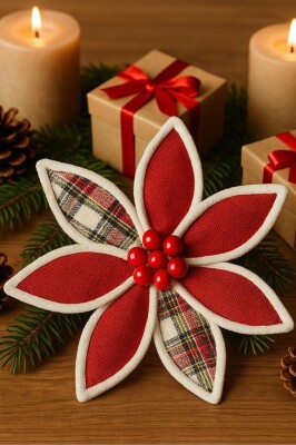 Beysüs Yılbaşı Çam Ağacı Süsü Ponsetya Çiçek Büyük Kırmızı Kareli Desenli - 1