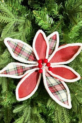 Beysüs Yılbaşı Çam Ağacı Süsü Ponsetya Çiçek Büyük Kırmızı Kareli Desenli - 2