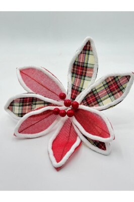 Beysüs Yılbaşı Çam Ağacı Süsü Ponsetya Çiçek Büyük Kırmızı Kareli Desenli - 3