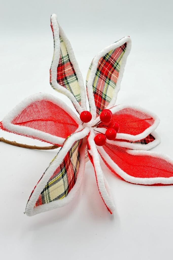 Beysüs Yılbaşı Çam Ağacı Süsü Ponsetya Çiçek Büyük Kırmızı Kareli Desenli - 4