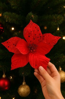 Beysüs Yılbaşı Çam Ağacı Süsü Ponsetya Çiçek Büyük Kırmızı - 1