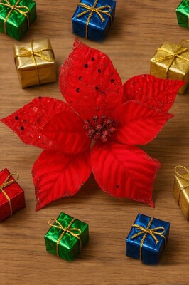 Beysüs Yılbaşı Çam Ağacı Süsü Ponsetya Çiçek Büyük Kırmızı - 2