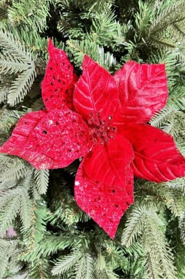 Beysüs Yılbaşı Çam Ağacı Süsü Ponsetya Çiçek Büyük Kırmızı - 4