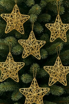 Beysüs Yılbaşı Çam Ağacı Süsü Tel Yıldız Gold 6 Lı 8 cm - 1