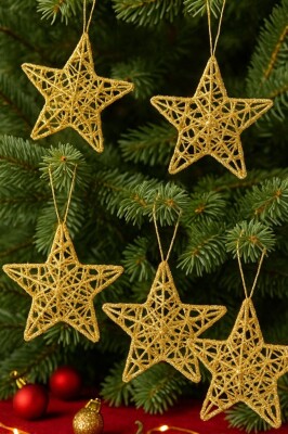 Beysüs Yılbaşı Çam Ağacı Süsü Tel Yıldız Gold 6 Lı 8 cm - 3