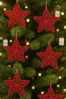 Beysüs Yılbaşı Çam Ağacı Süsü Tel Yıldız Kırmızı 6 Lı 8 cm - 1