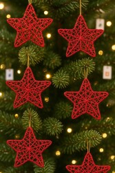 Beysüs Yılbaşı Çam Ağacı Süsü Tel Yıldız Kırmızı 6 Lı 8 cm - Beysüs