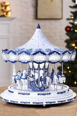 Beysüs Yılbaşı Dekor Lüks Carousel Beyaz Mavi Safir Kadife - 1