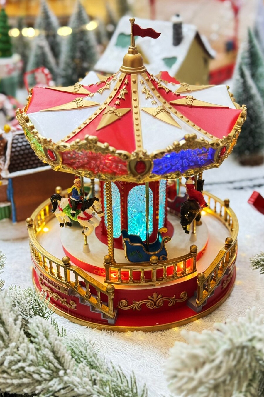 Beysüs Yılbaşı Dekor Lüks Müzikli Döner Carousel Kırmızı Altın - 1