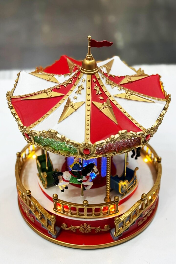 Beysüs Yılbaşı Dekor Lüks Müzikli Döner Carousel Kırmızı Altın - 3
