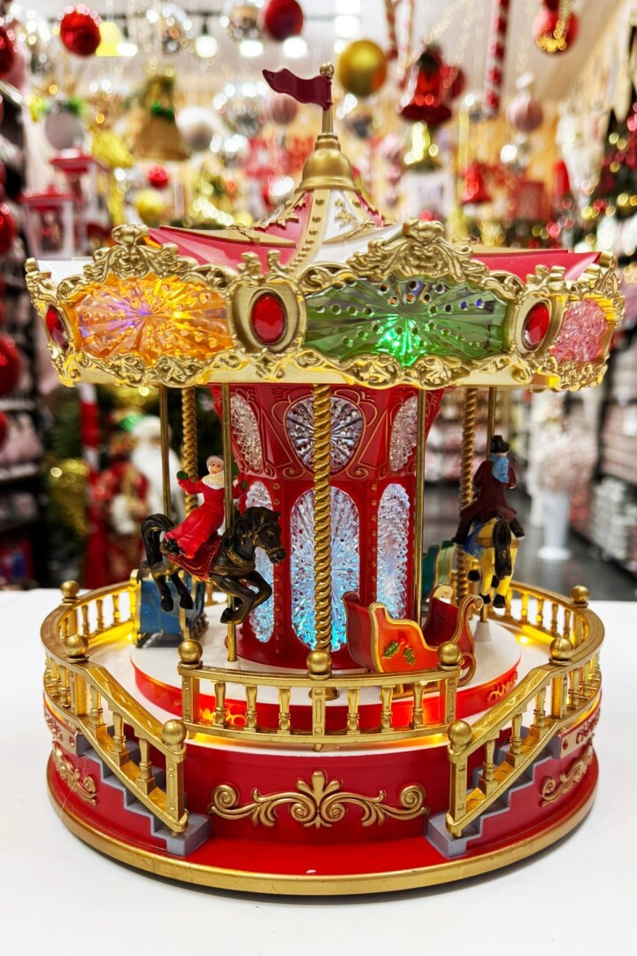 Beysüs Yılbaşı Dekor Lüks Müzikli Döner Carousel Kırmızı Altın - 5