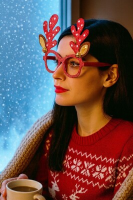 Beysüs Yılbaşı Süsü Gözlük Geyik Boynuz Gold Çanlı Kırmızı Puantiyeli - 2