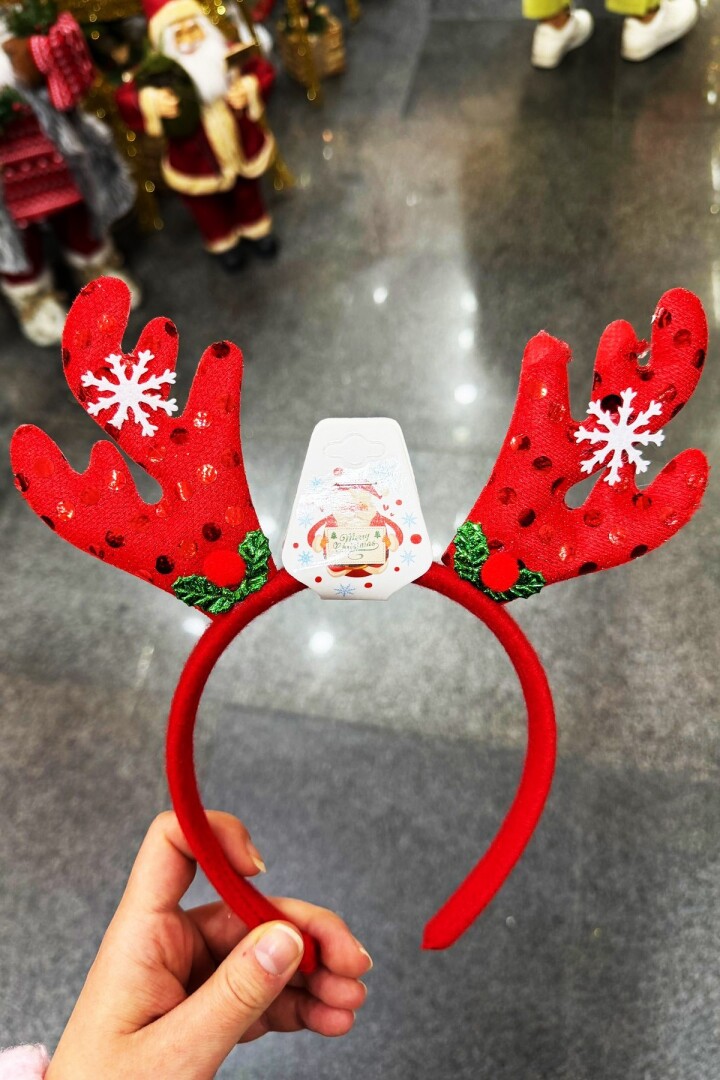 Beysüs Yılbaşı Tacı Kartaneli Pullu Geyik Boynuzlu Kırmızı - Beysüs