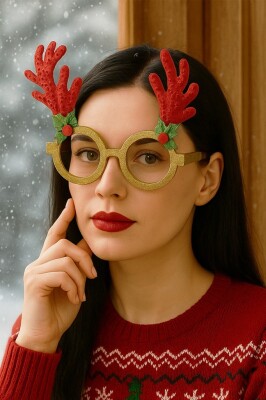 Beyüs Yılbaşı Gözlük Geyik Desen Payetli Kırmızı - 1