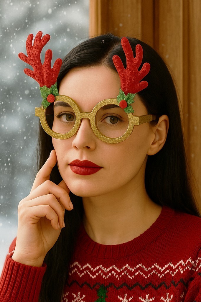 Beyüs Yılbaşı Gözlük Geyik Desen Payetli Kırmızı - Beysüs