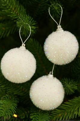 Beysüs Yılbaşı Çam Ağacı Süsü Parlak Beyaz Kar Cici Top 8cm 3'lü - 3