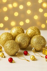 Beysüs Yılbaşı Çam Ağacı Süsü Parlak Gold Simli Cici Top 7cm 6'lı - Beysüs