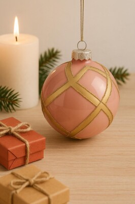 Beysüs Yılbaşı Çam Ağacı Süsü Parlak Özel Altın Çizgili Holiday Cici Top 8cm 3'lü - 1