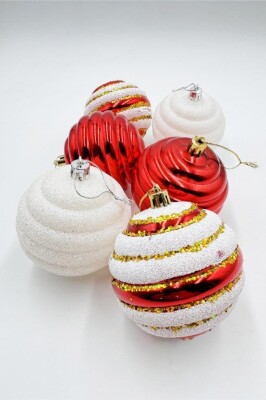 Beysüs Yılbaşı Çam Ağacı Süsü Parlak Özel Kırmızı Beyaz Holiday Cici Top 8 cm 6'lı - 4